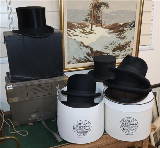 Three gentlemans top hats, two bowler hats, three trilbys and a quantity of shirts